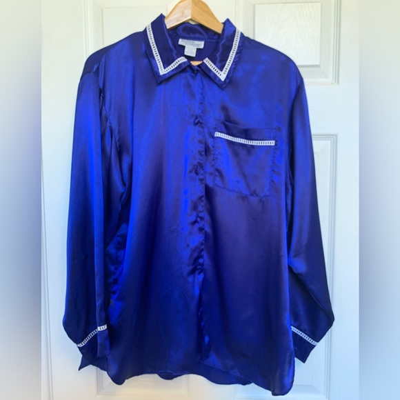 Vintage Satin Pyjamas Set Royal Blue Size Large - Picture 2 of 16